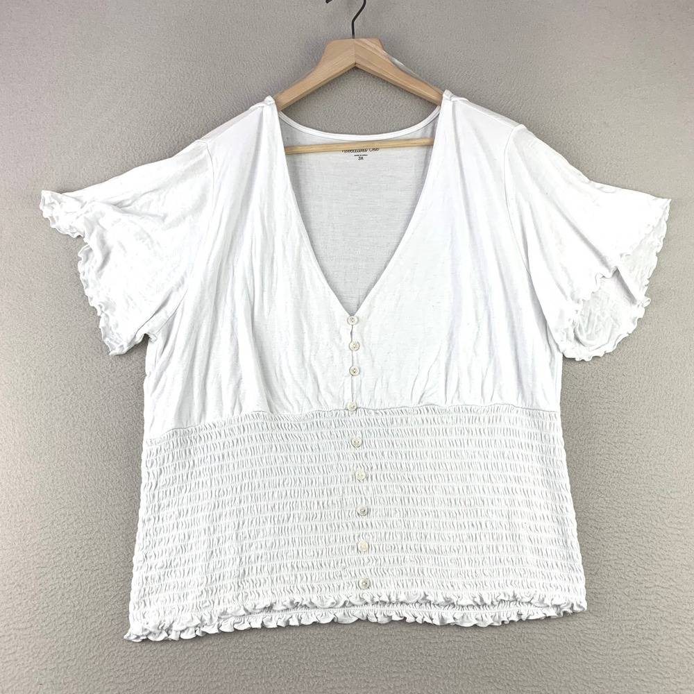Rebellious One Smocked Top Women 3X White Boho V-Neck Flutter Sleeve Coquette